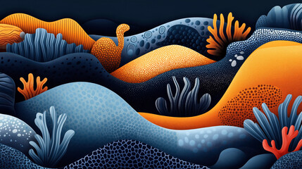 Abstract underwater scene with coral reefs in vibrant orange and blue hues, featuring organic shapes and textures resembling marine flora in a stylized artistic composition.