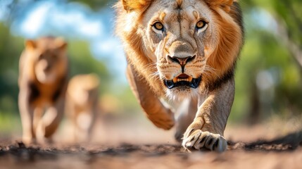 Fototapeta premium A pair of powerful lions sprint towards the camera with intensity and elegance, capturing the raw energy and majestic presence of wildlife within their natural habitat.