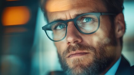 A contemplative man wearing glasses gazes thoughtfully through a brightly lit window, reflecting on ideas and thoughts with intense focus and determination.