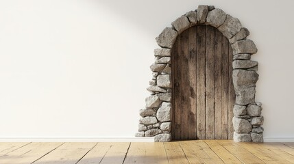 Wooden door with a stone arch on a pristine white wall, highlighting rustic textures in a simple, architectural setting.