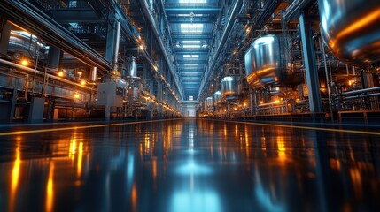 Fototapeta premium Modern industrial facility with illuminated machinery and reflective floors.