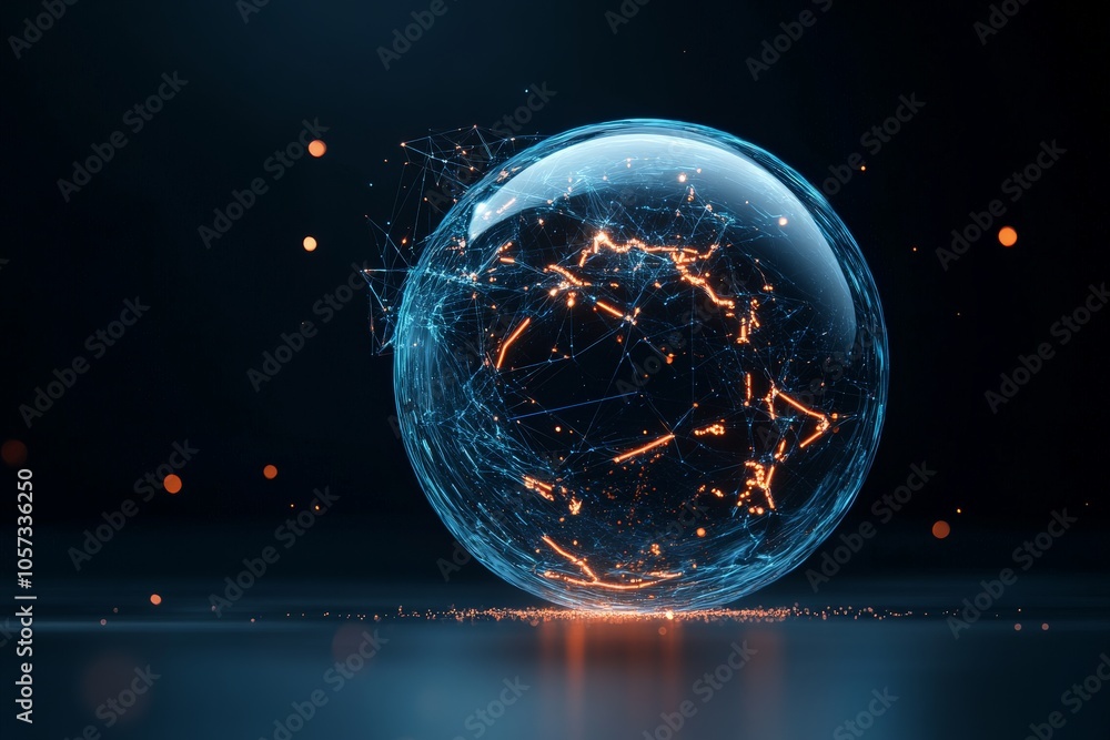 Poster an artistic representation of a high-tech abstract globe with luminous digital links, symbolizing wo