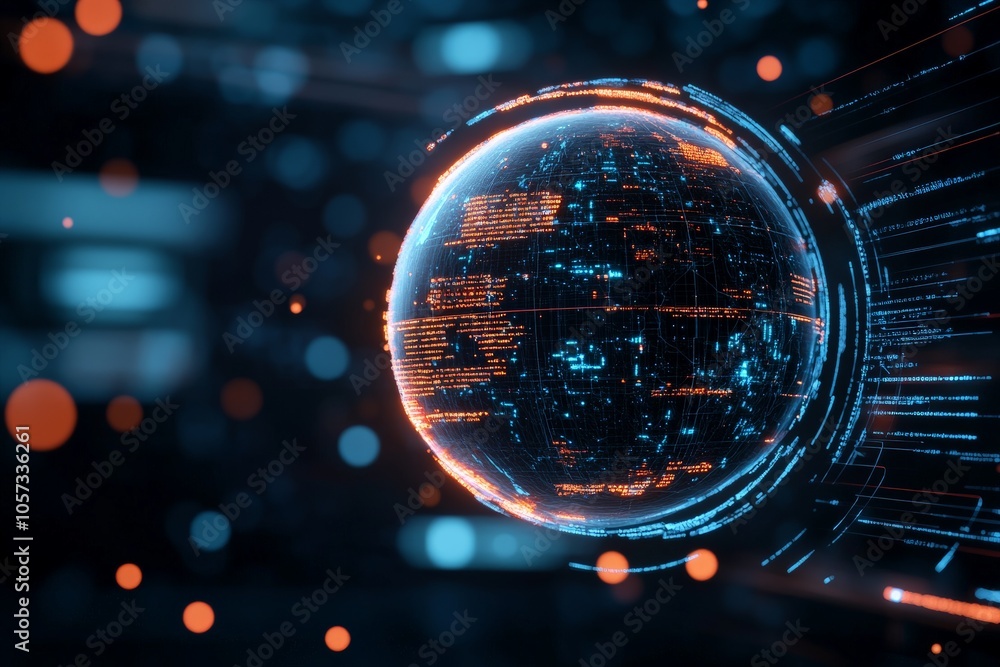 Poster a futuristic digital globe with glowing technology elements, representing interconnected digital net