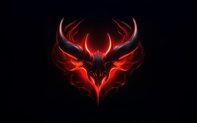 A fiery, horned skull with glowing eyes, set against a black background.