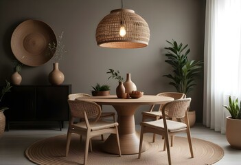 A modern dining room with a round wooden table, two wooden chairs, a large woven pendant light, and various decorative elements like vases and plants.