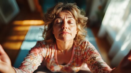 A woman sits peacefully with eyes closed, reflecting an aura of calmness and contentment in a serene environment, embracing tranquility and meditation practice.