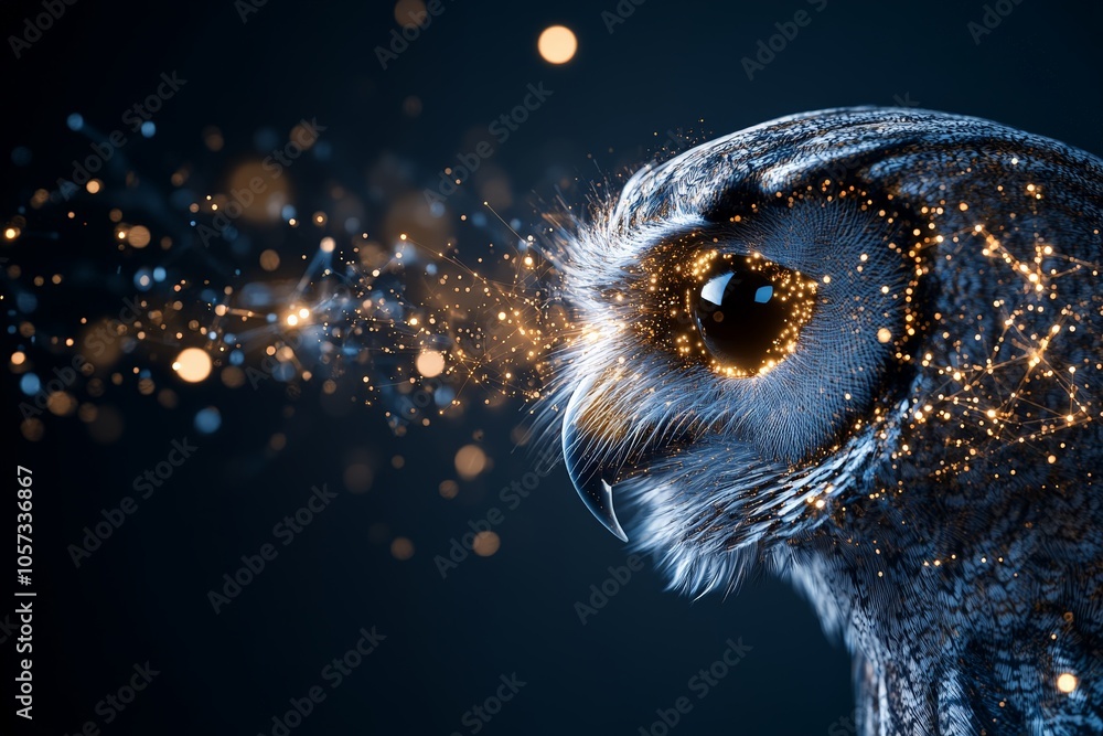 Poster a mesmerizing digital artwork showcasing an owl with a glowing eye, surrounded by dynamic particle e