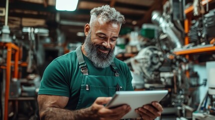 A muscular, bearded mechanic happily uses a tablet in his industrial workshop, conveying elements of modern technology blending with traditional craftsmanship.