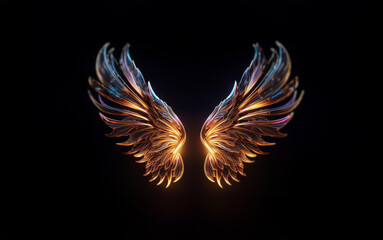 A pair of iridescent metallic wings with a warm glow are set against a black background.