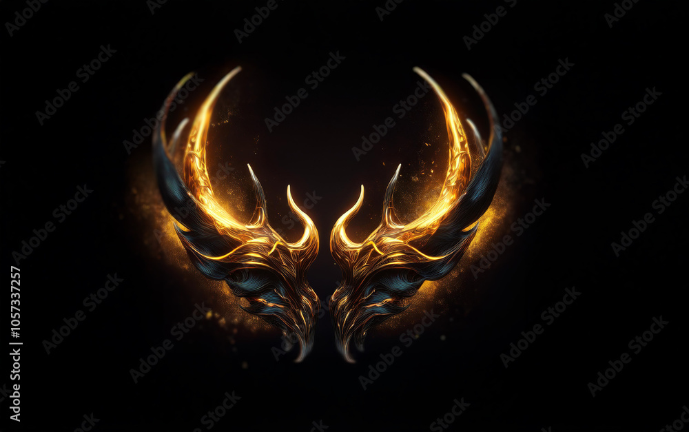 Poster a stylized, abstract design with two golden wings resembling a butterfly. the wings are intricate an