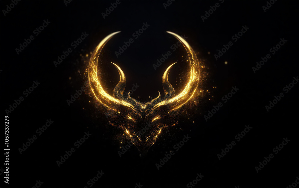 Poster a golden symbol with a horned and face-like design is surrounded by glowing particles on a black bac