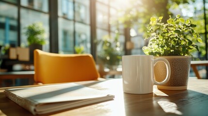 A sunlit living area with a modern minimalist aesthetic, showcasing a cozy coffee setup amidst warm tones and soft lighting, creating an inviting ambiance.