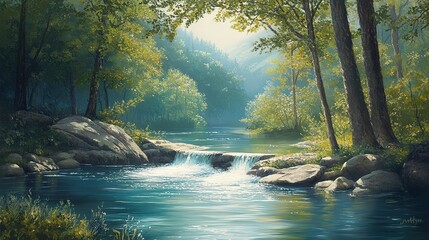 Peaceful Forest River with Sunlit Trees..