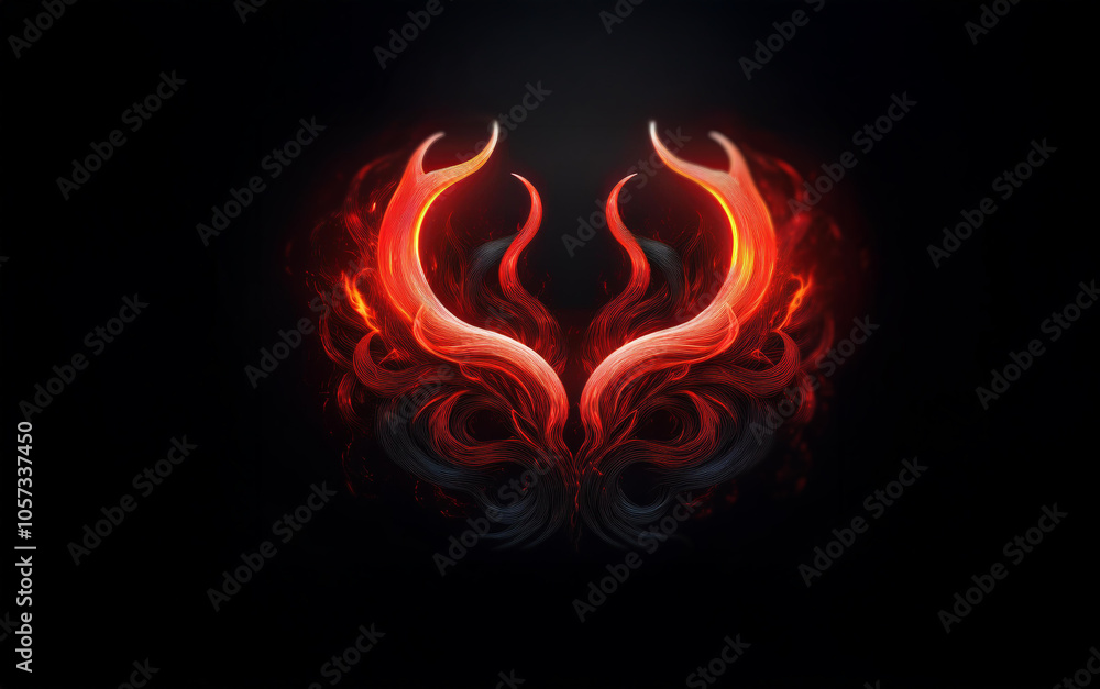 Poster a symmetrical design of two glowing red horns on a dark background with swirling smoke.