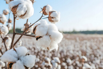 Close up of cotton bolls in sunny field, symbolizing cotton region