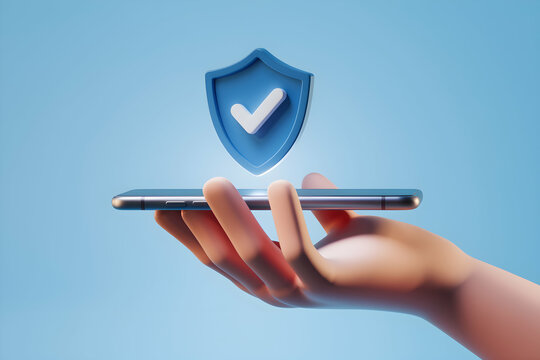 Hand with smartphone and security icon, highlighting digital safety
