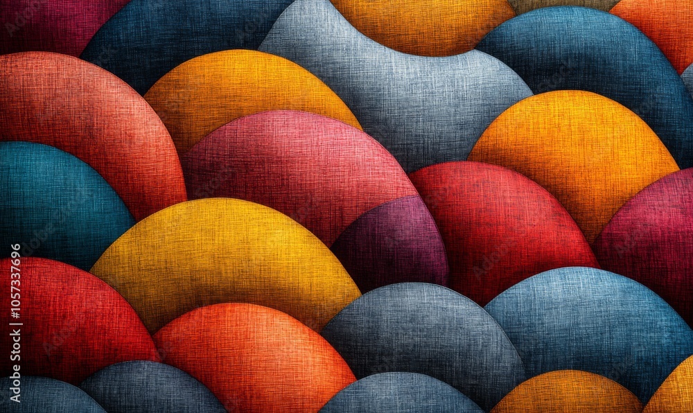 Poster isometric geometric fabric pattern with bold, overlapping shapes in vibrant colors, creating a moder