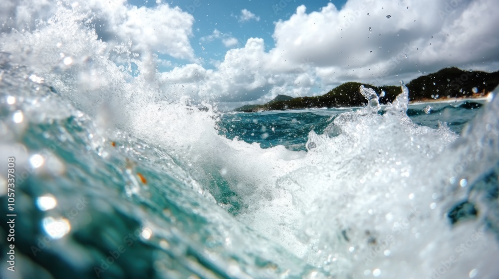Aufkleber this image captures an ocean wave crashing powerfully with a scenic coastline in the background, und