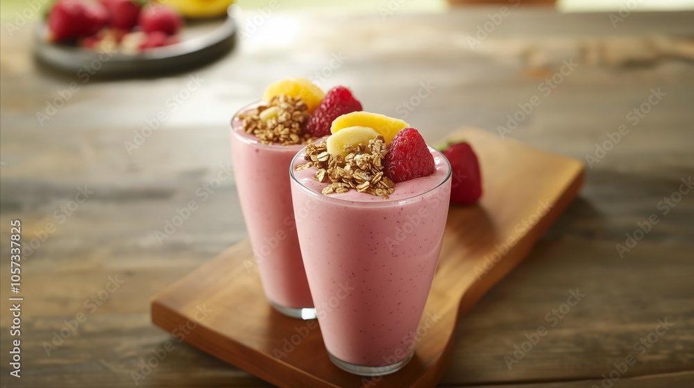 Sticker Two smoothies with fruit and granola on a wooden table