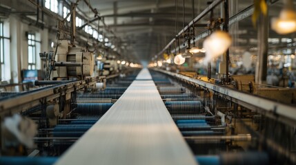 Rows of industrial looms in a textile factory, each producing delicate silk fabric under the