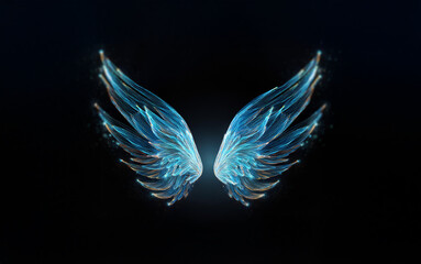 Abstract blue and gold wings with glowing edges on a black background.