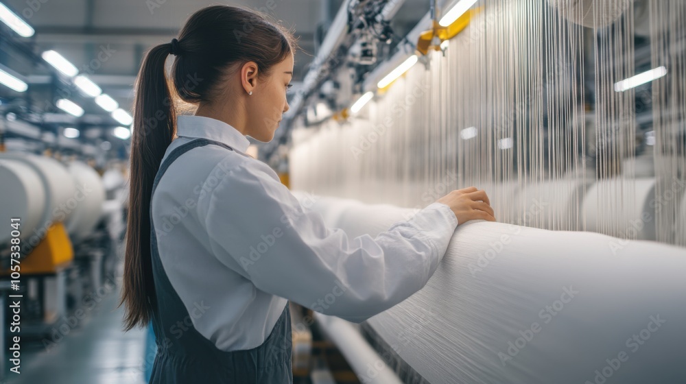Poster textile engineers analyzing data from silk weaving machines, optimizing the production
