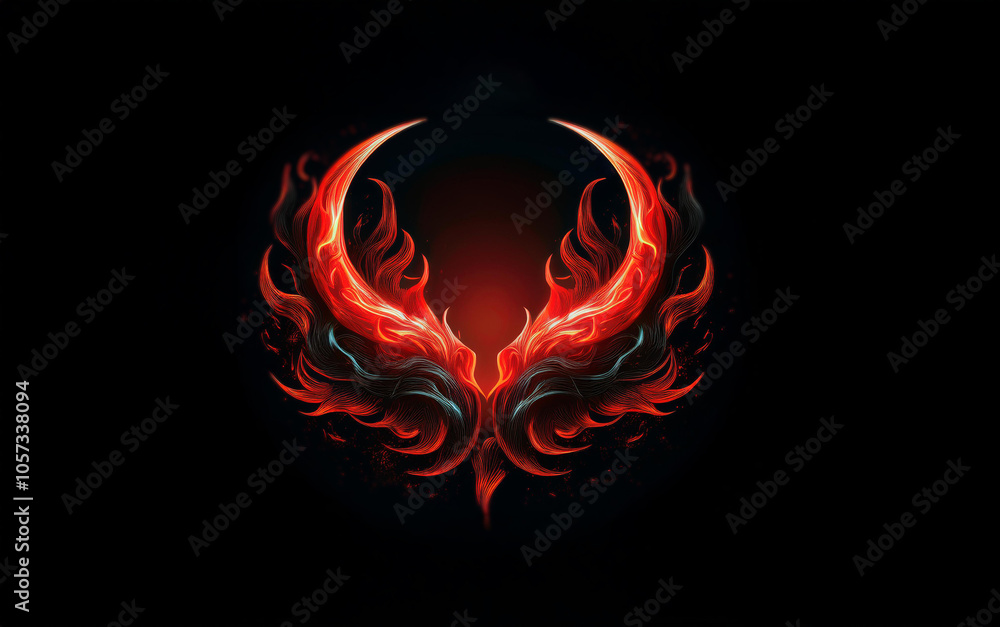 Poster a fiery abstract symbol in the shape of wings on a black background.