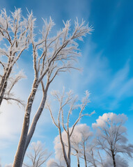 Obraz premium Snow-covered trees stand tall against a brilliant blue sky at dawn, creating a serene winter landscape in nature's embrace