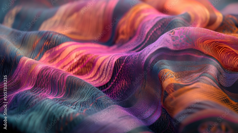 Poster textile engineers collaborating on a new design for silk fabrics, using computers and software to