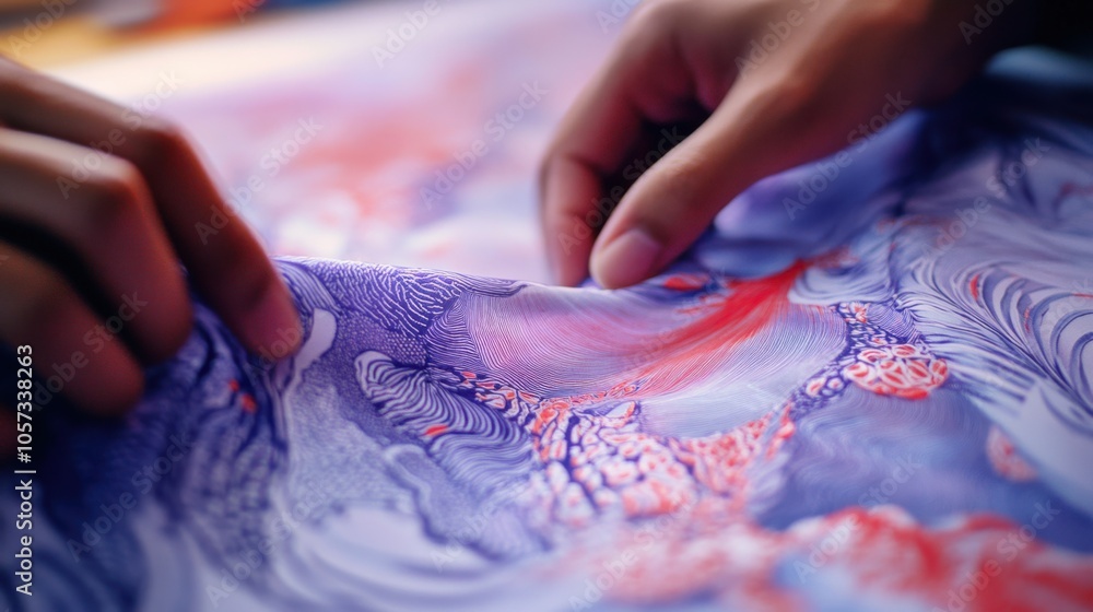 Poster textile engineers collaborating on a new design for silk fabrics, using computers and software to