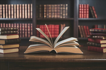 Open book on wooden table, blurred bookshelf behind, soft light creates serenity
