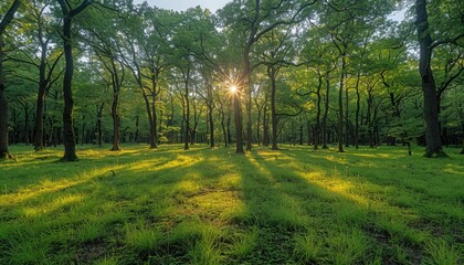 Fototapeta premium Sunbeams Filtering Through Dense Forest Canopy