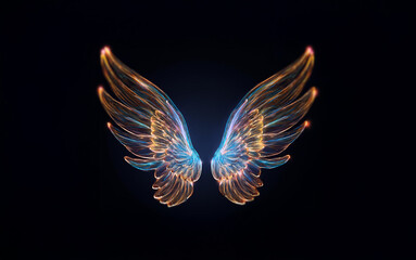 Obraz premium A pair of glowing wings with a blue and orange gradient against a black background.