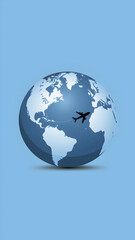 Fototapeta premium Blue globe with airplane silhouette over Atlantic, emphasizing global travel Vertical Mobile Wallpaper