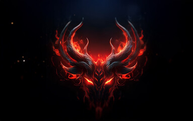 A fiery, abstract deer skull with glowing red eyes against a dark background.
