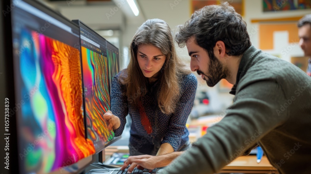 Poster textile engineers working on a new design for silk fabrics, using computers and software to