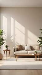 Naklejka premium A minimalist living room with a beige sofa, a wooden side table, and a potted plant in the corner. The room has a warm, natural lighting coming from a window.