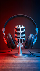 Vintage microphone on table with headphones, red blue background for nostalgic feel Vertical Mobile Wallpaper