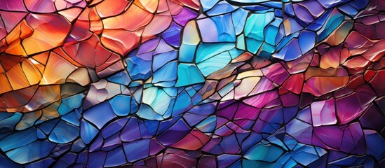 A vibrant abstract design featuring colorful, fragmented glass-like shapes.
