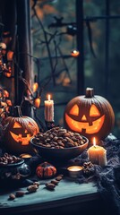 Halloween-Themed Table Setting with Mixed Nuts, Candles, and Pumpkins - AI generated illustration.