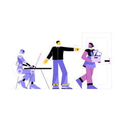 AI Taking Jobs With Robot Working At Desk While Manager Directs Female Employee To Exit. Flat Vector Illustration about Workplace Automation, Job Displacement, Isolated On White Background