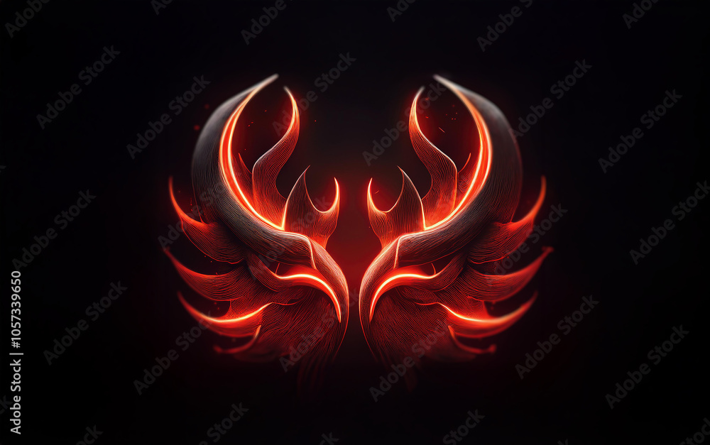 Poster a stylized abstract symbol with two wings in a symmetrical shape, composed of glowing orange and red