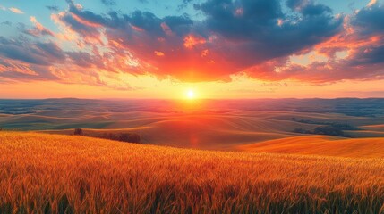 Fototapeta premium Vibrant sunset over rolling hills and golden fields.