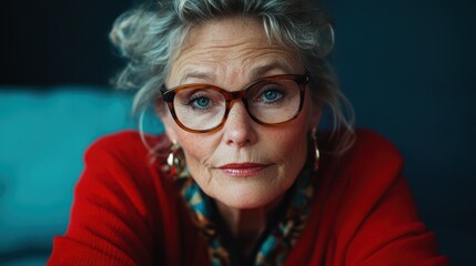 An elegant older woman with striking eyeglasses and bright clothing gazes calmly into the camera, representing wisdom, grace, and style in her portrait.