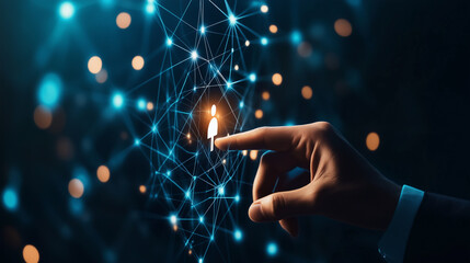 A finger touches a digital profile icon within a network, symbolizing technology, connection, and interaction