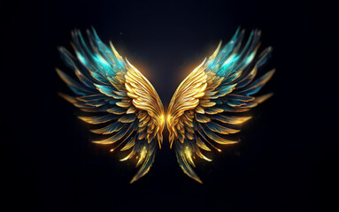 Fototapeta premium A pair of golden and blue wings with a glowing effect are against a black background.