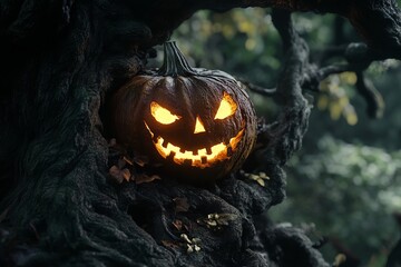 Glowing Halloween Pumpkin on Old Tree in Dark Forest - AI generated illustration