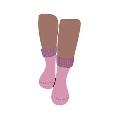 Beautiful female black skin legs in pink socks on white background. Hand drawn vector illustration in flat style. Textile, clothes brand, children, woman legs, winter season, christmas clothes