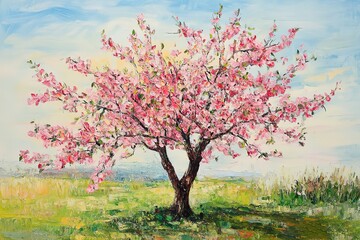 Naklejka premium A peach tree in full bloom with a clear sky and blue background, oil on canvas, with large brushstrokes and a vibrant sense of color.