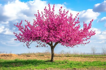 Fototapeta premium A peach tree in full bloom with a clear sky and blue background, oil on canvas, with large brushstrokes and a vibrant sense of color.